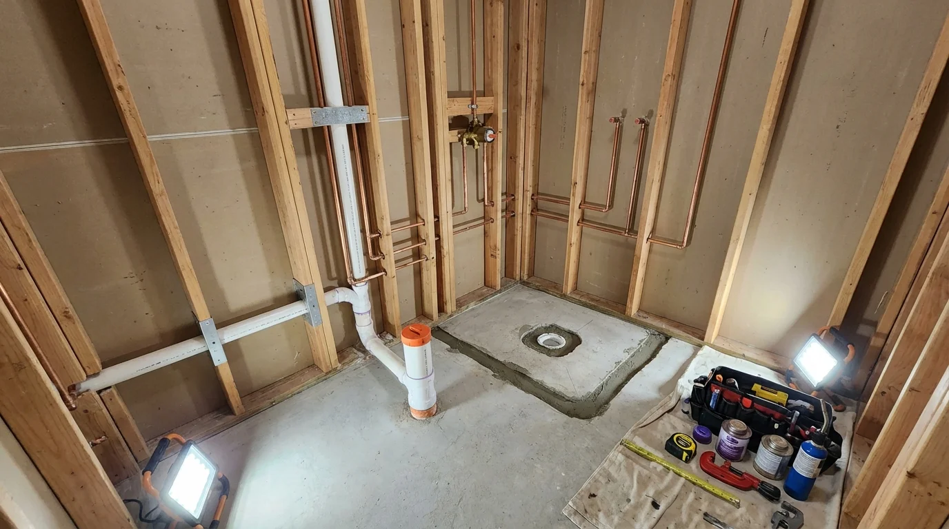 Bathroom rough-in plumbing during remodel by Johns Plumbing LLC in Malone