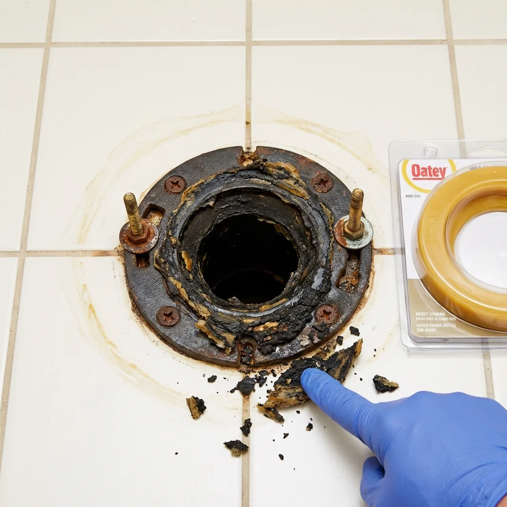 Failed wax ring showing water seepage at the base of a toilet in a Malone, FL home